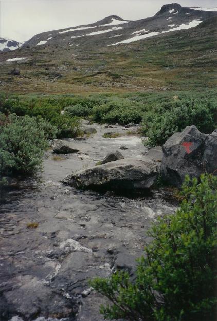 Glitterheim -> Spiterstulen. Efter regn er stien yderst vd den frste km vest for Glitterheim. Planen om at g over Glittertind til Spiterstulen blev droppet p.g.a. regn og kraftig vind.